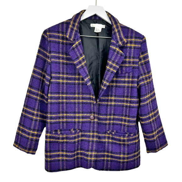 Blazer Vintage En Tweed Noir Et Blanc Leslie Belle - Style Clueless Preppy Academia, Taille 18, Occasion Très Bon état